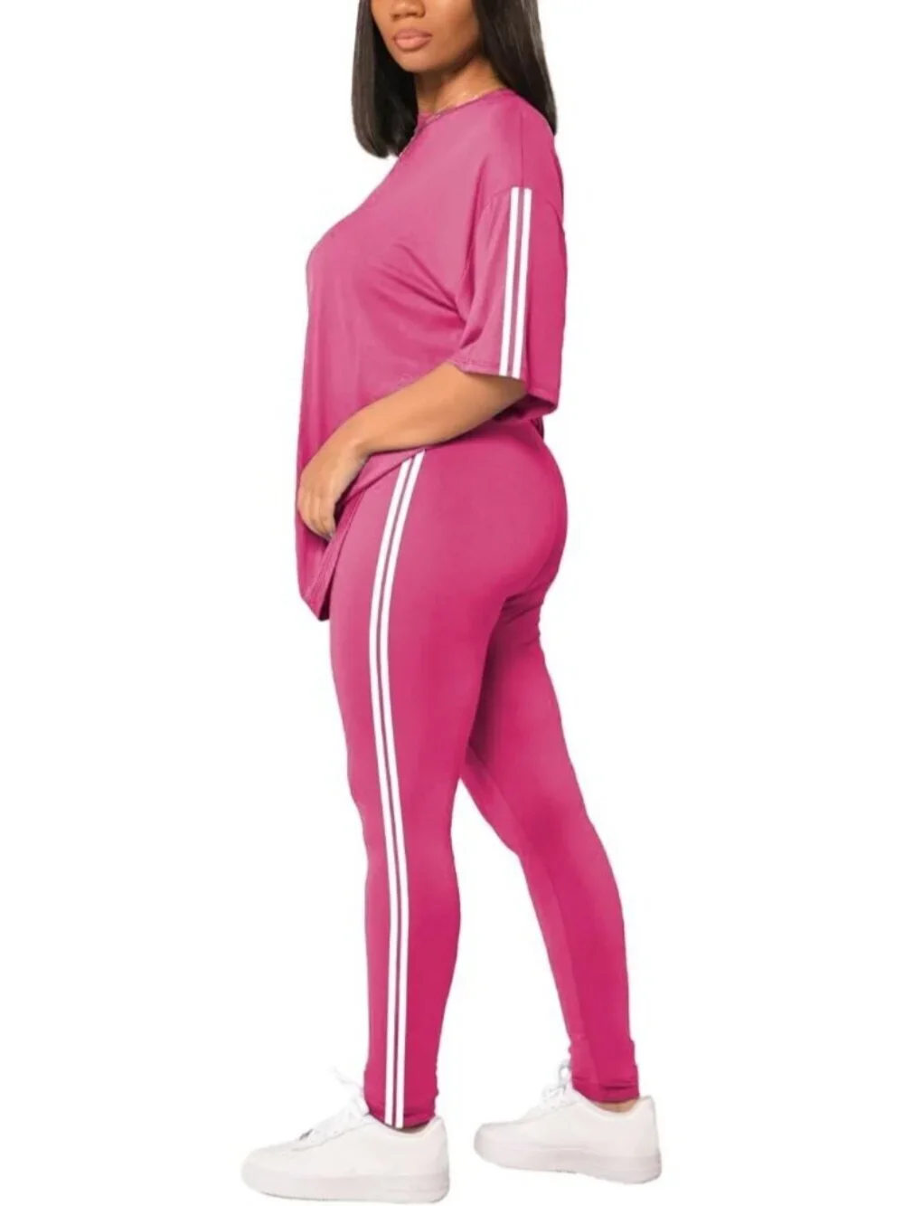 Women's Rose Red 2 Piece Outfits Summer Sweatsuits Drop Shoulder Tracksuits